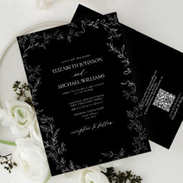 Convite Código QR Casamento Mínimo de Folha Preto e Branco