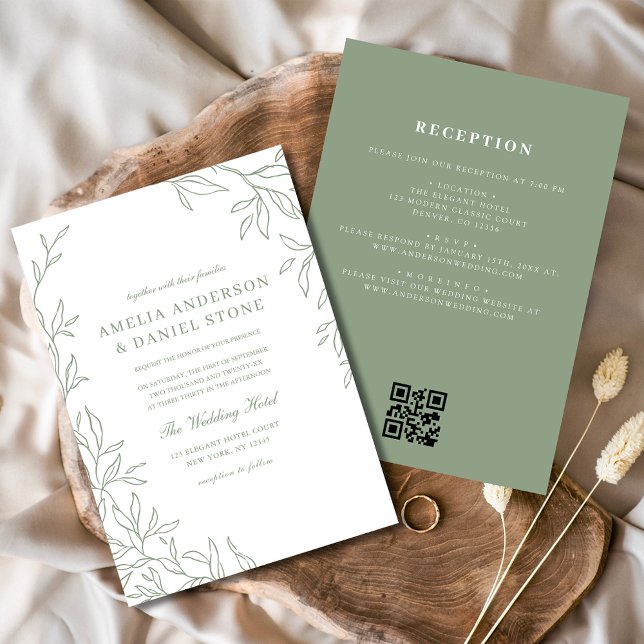 Convite Código QR Casamento Mínimo de Folha Verde Sage Mod (Criador carregado)