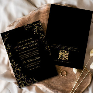 Convite Código QR Casamento Mínimo Dourado Preto Moderno c