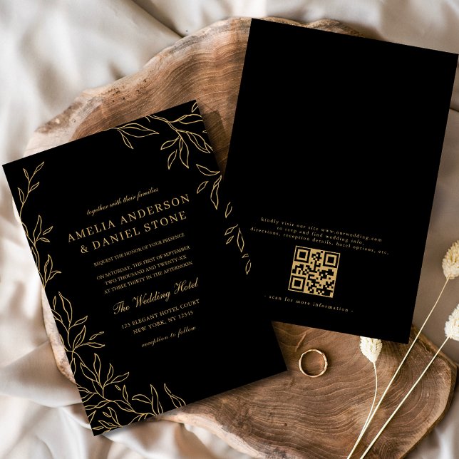 Convite Código QR Casamento Mínimo Dourado Preto Moderno c (Criador carregado)