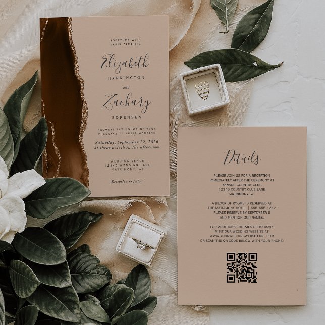 Convite Código QR Casamento Mocha Marrom Ouro Ágata Bege (Criador carregado)