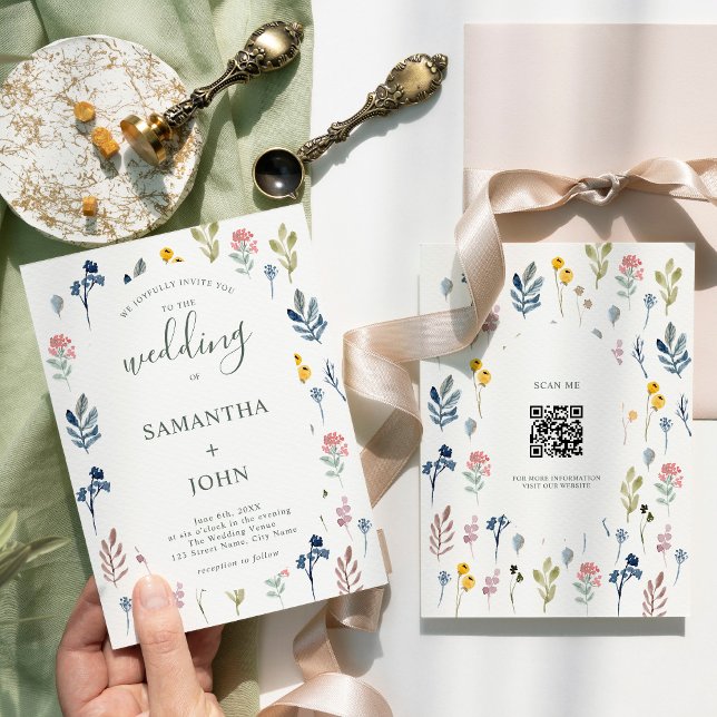 Convite Código QR Casamento Moderno Rustic Wildflower (Criador carregado)