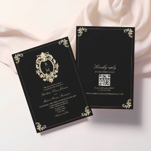 Convite Código QR Casamento Monograma Barroco Preto Dourad