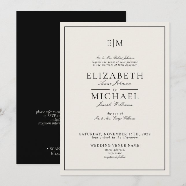 Convite Código QR Casamento Monograma Clássico Preto Marfi (Frente/Verso)