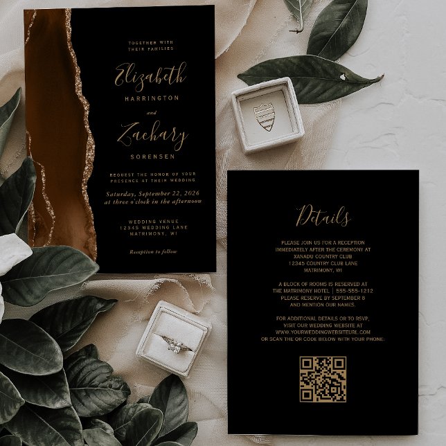 Convite Código QR Casamento Preto Ágata Dourado Marrom Moc (Criador carregado)