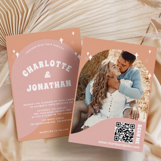 Convite Código QR Casamento Retroativo Moderno Brilhante (Criador carregado)