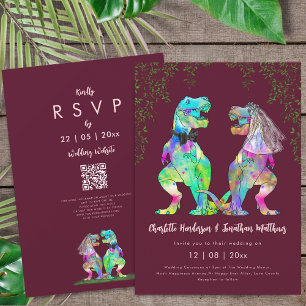 Convite Código QR Casamento Rosa Bege Burgundy Dinossauro