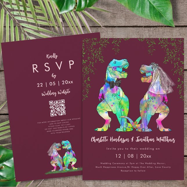 Convite Código QR Casamento Rosa Bege Burgundy Dinossauro  (Colorful T-Rex bride and groom dinosaur burgundy blush pink wedding qr code invitation)