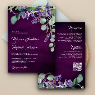Convite Código QR Casamento Roxo Eucalipto Lavanda Rústico
