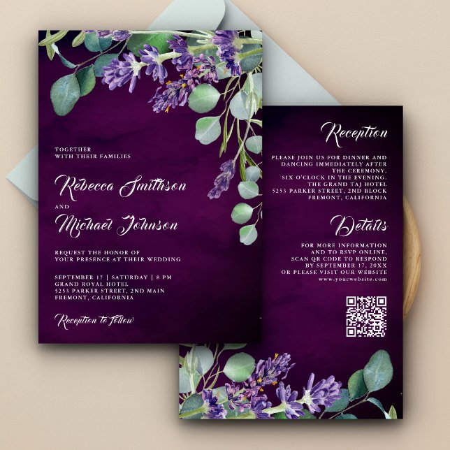 Convite Código QR Casamento Roxo Eucalipto Lavanda Rústico (Criador carregado)