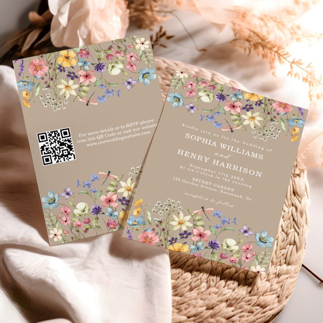 Convite Código QR Casamento Rústico Campo Tons Taupe Flor  (Criador carregado)