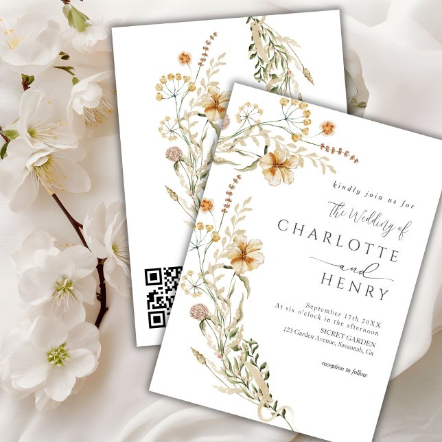 Convite Código QR Casamento Simples de Flores Selvagens (Criador carregado)