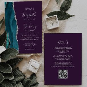 Convite Código QR Casamento Turquesa Prata Ágata Roxo