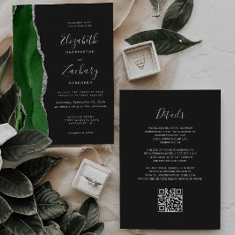 Convite Código QR Casamento Verde Ágata Prata Escuro