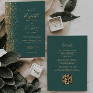Convite Código QR Casamento Verde Escuro Brilho Dourado Mo