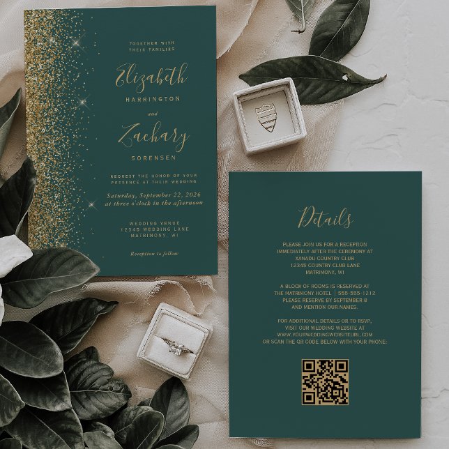 Convite Código QR Casamento Verde Escuro Brilho Dourado Mo (Criador carregado)