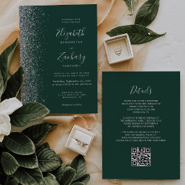 Convite Código QR Casamento Verde Esmeralda Brilho Pratead