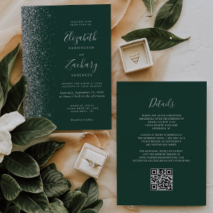 Convite Código QR Casamento Verde Esmeralda Brilho Pratead