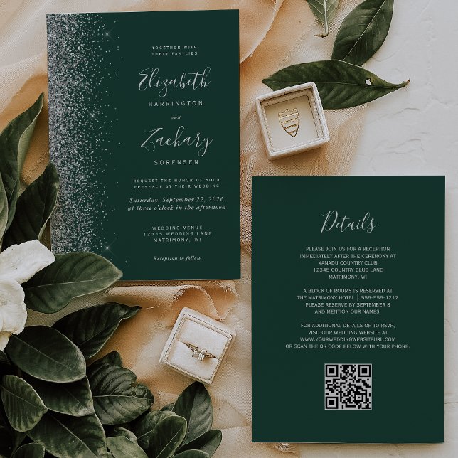 Convite Código QR Casamento Verde Esmeralda Brilho Pratead (Criador carregado)