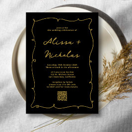 Convite Código QR - Casamento Whimsical Black e Dourado
