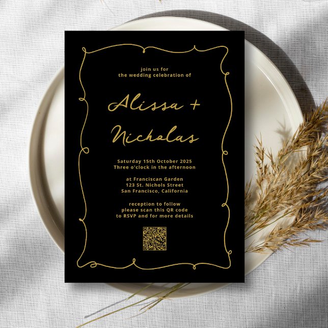 Convite Código QR - Casamento Whimsical Black e Dourado (Criador carregado)
