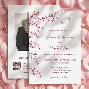 Convite Código QR Cerejeiras Floradas Casamento Rosa e B