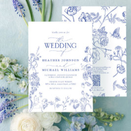 Convite Código QR Chinoiserie French Blue Floral Casamento
