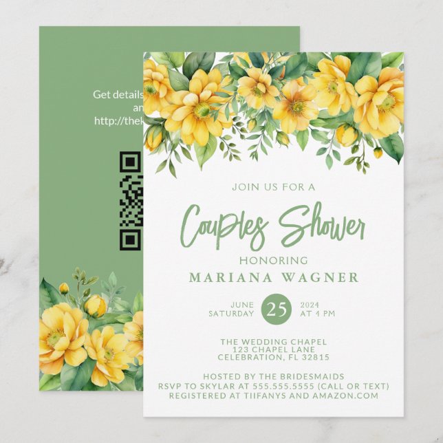 Convite Código QR Chuva de Casal Floral Salvia Amarela (Frente/Verso)