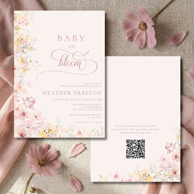 Convite Código QR Chuveiro de Bebê Bebê Rosa em Flor (Criador carregado)