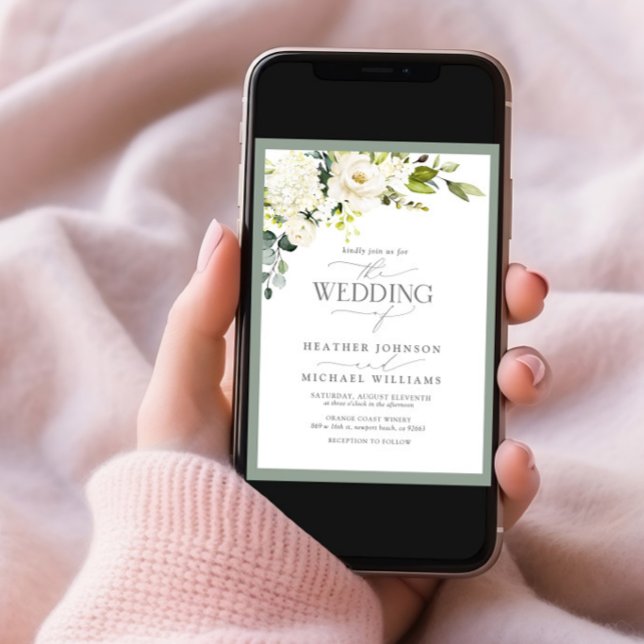 Convite Código QR Cinza branca Casamento Floral Floral de  (Criador carregado)