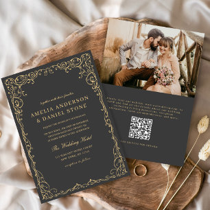 Convite Código QR Cinza de carvão Foto Casamento Minimalis