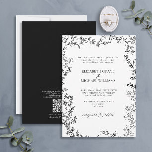 Convite Código QR Clássico Casamento Formal Preto Branco F