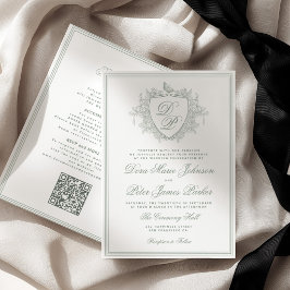 Convite código QR clássico crista monograma casamento verd