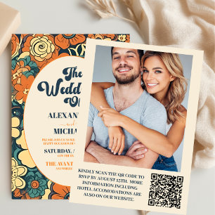 Convite Código QR Colorido Casamento Floral Retro Groovy 7