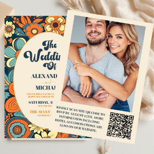 Convite Código QR Colorido Casamento Floral Retro Groovy 7