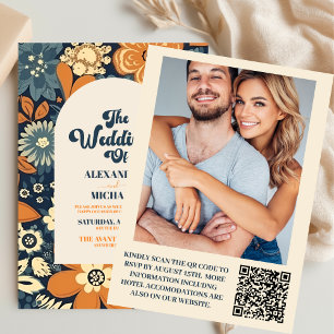 Convite Código QR Colorido Casamento Floral Retro Groovy 7