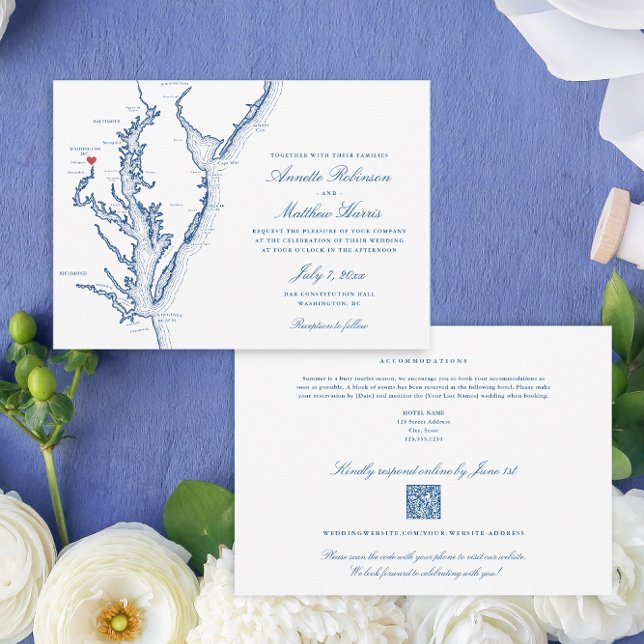 Convite Código QR completo em Washington DC RSVP Blue Wedd (Washington DC All-in-One QR code Wedding invitation in elegant navy blue from Coastal Map Designs)