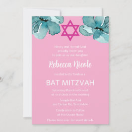 Convite Código QR Cor-de-Água Rosa Bat Floral Mitzvah
