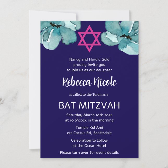 Convite Código QR Cor-de-Água Rosa Bat Floral Mitzvah (Frente)
