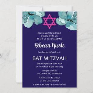 Convite Código QR Cor-de-Água Rosa Bat Floral Mitzvah