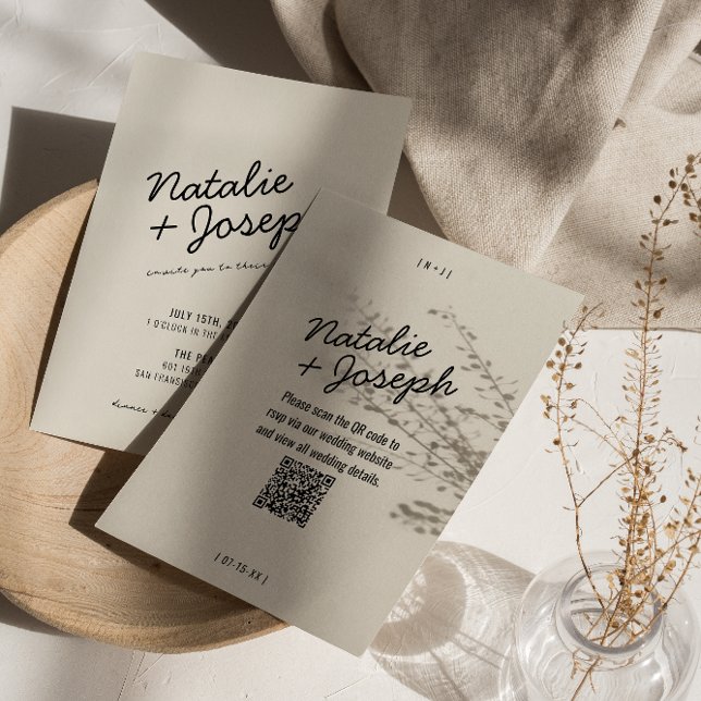 Convite Código QR Creme Negro Moderno Casamento Imporal (Criador carregado)