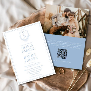 Convite Código QR Crest Dusty Blue Foto Moderna Casamento