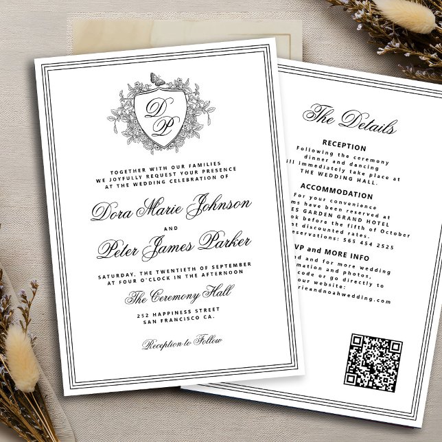 Convite código QR crista monograma preto e branco casament (Criador carregado)