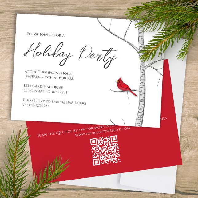 Convite Código QR da Árvore de Birmanês Vermelho Simples F (Simple Holiday Party invitation with a winter woodland red cardinal bird.)