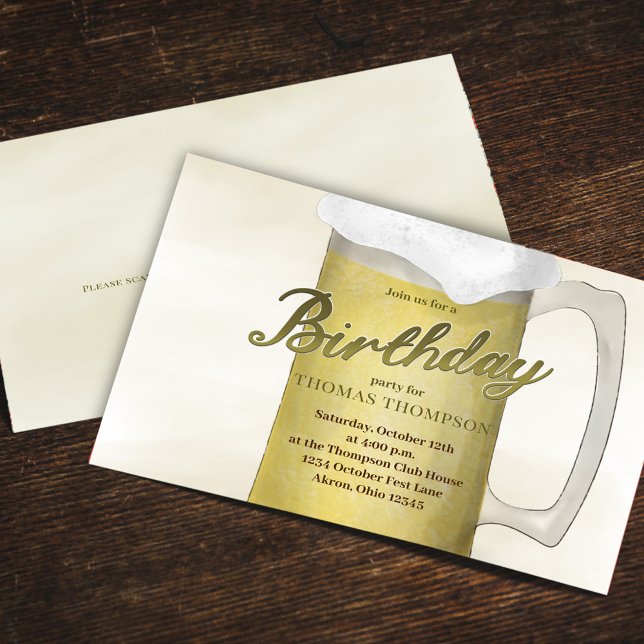 Convite Código QR da Beer Dourada com Aquarela de festa de (Birthday party golden lager beer glass invitation )