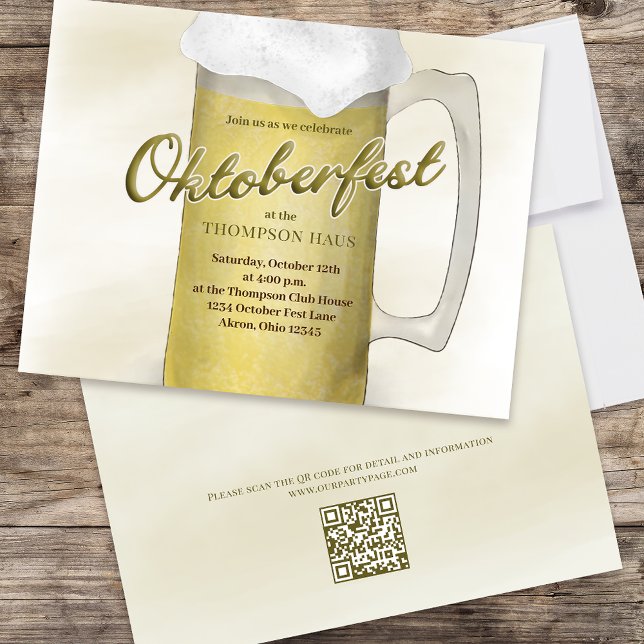Convite Código QR da Cerveja Dourada Simples de Oktoberfes (Double-sided Oktoberfest invitation with QR code on the backside.)