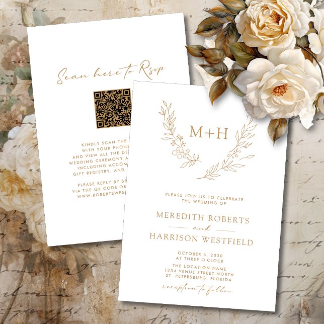 Convite Código QR da coroa monográfica Dourado no Casament (Elegant Monogram Laurel Wreath QR Code RSVP Double Sided Gold 
 on White Wedding Invitation)