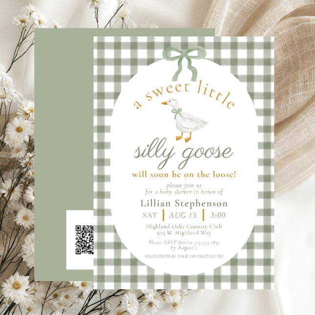 Convite Código QR da Festa de Bebê Silly Goose Green Gingh (Criador carregado)