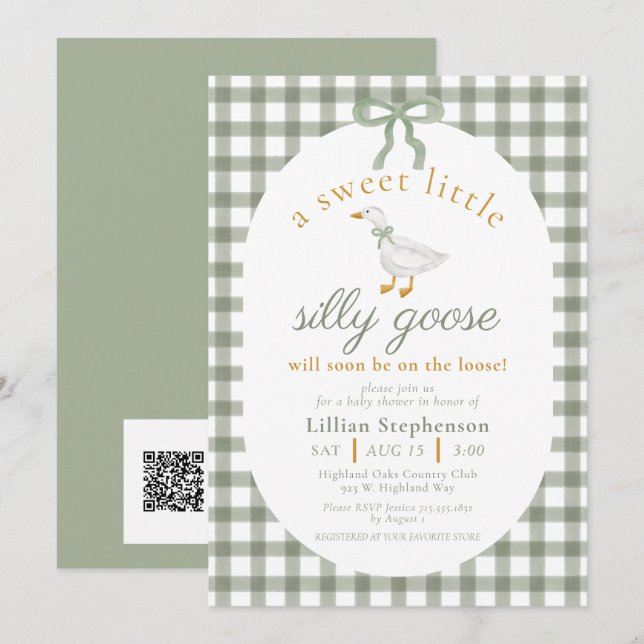 Convite Código QR da Festa de Bebê Silly Goose Green Gingh (Frente/Verso)