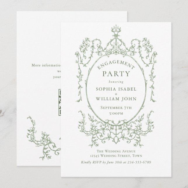 Convite Código QR da FESTA DE NOIVADO Verde do Victorian S (Frente/Verso)